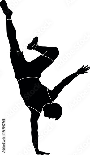 Silhouette of a person doing a handstand with one leg raised