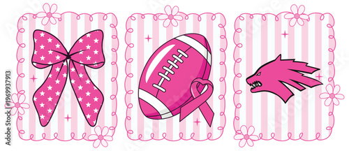 Breast Cancer Awareness Sticker Set Pink Ribbon Football, Cheerleader Bow, and Wolf Mascot Vector