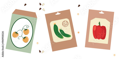 Vegetable seed packets set with tomato, cucumber and pepper, flat vector illustration