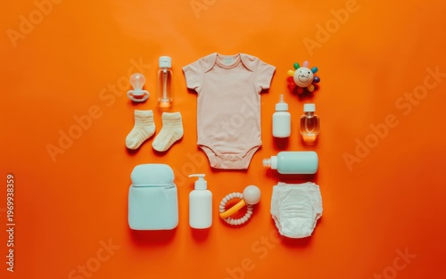 Baby essentials arranged on vibrant orange background for nursery