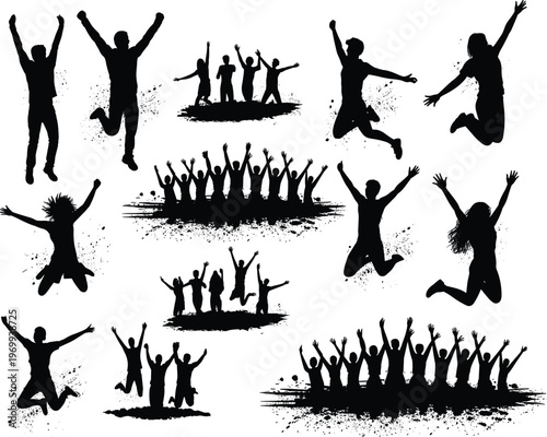 People silhouettes collection, jumping poses, celebration outline, joyful figures, unity artwork, dancing silhouettes, group excitement, raised arms, dynamic motion, energy
