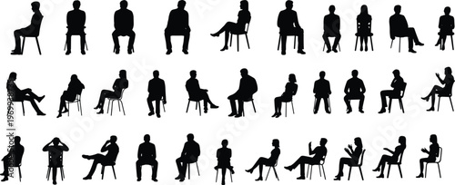 People silhouettes sitting on chairs, diverse postures, body language illustration, ergonomic design, seated positions, human gestures, workplace art, lifestyle vector, communication poses