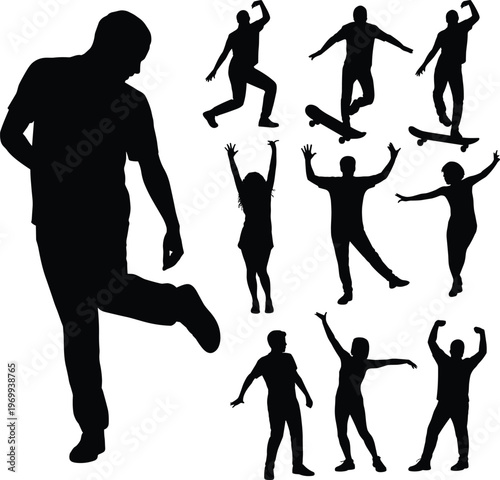 People silhouettes collection, skateboarder jumping dancing figures set, isolated human shapes, active youth poses vector illustration bundle