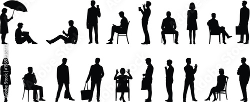 People silhouettes collection, standing poses, sitting figures, walking actions, umbrella holding, bag carrying, mobile usage, everyday activities, shadow vector illustration