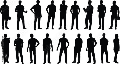 People silhouettes collection, standing poses, casual stances, hands in pockets, arms crossed, gesturing figures, mixed attire, shadow vector, posture illustration
