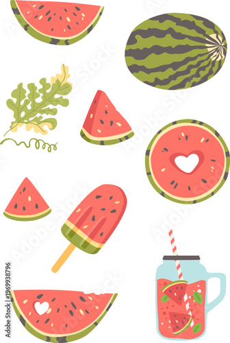 Watermelon summer elements collection. Vector clipart with whole watermelon, slices, heart shaped piece, popsicle, leaf and fresh lemonade in mason jar isolated on white.