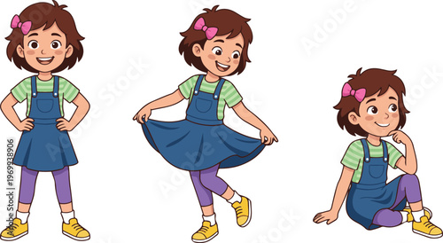 Cute cartoon schoolgirl character set in different poses, wearing a uniform with backpack, isolated on white background. Perfect for education, kids design, and animation projects.