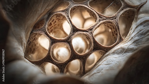 Seed pod interior architecture macro showing organic honeycomb structure and botanical abstract background