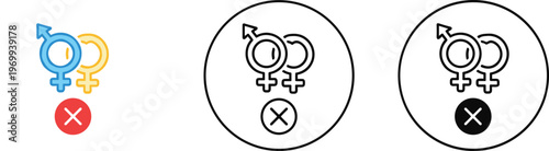Interlocking male and female gender symbols with red cross mark icon representing prohibition of sexual relationships or heterosexuality concept isolated