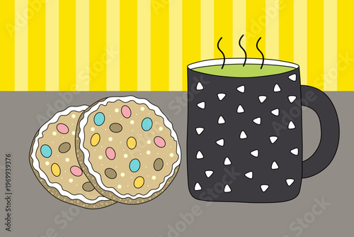 Two cookies with dragees and  mug of hot green tea on gray table, with yellow wallpaper in background. Cartoon vector design. Multicolored dragees and white icing. Confectionery product.