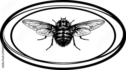 A detailed black and white illustration of a fly with outspread wings, enclosed in a oval frame