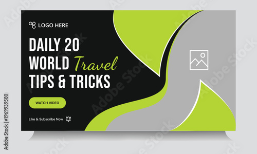 Trendy tour and travel tips and tricks video thumbnail banner design, journey the world ways video cover banner design, editable vector eps 10 file format