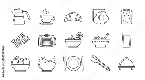 Breakfast food icons set with various delicious meal elements for morning.