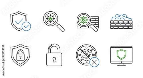 Security and protection icons representing digital safety and antivirus measures.