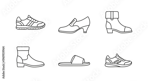 Collection of various shoe styles, including sneakers, boots, and sandals, in a line art illustration.