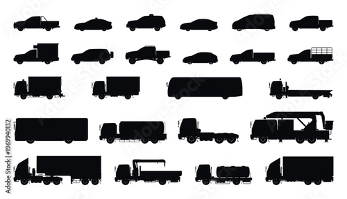 Trucks in Various Sizes Black Silhouette Vector Icons