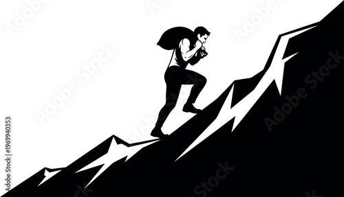 Silhouette of a person climbing a mountain with a backpack