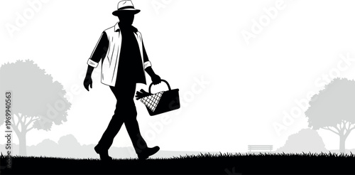 Silhouette of a man walking with a briefcase in a park