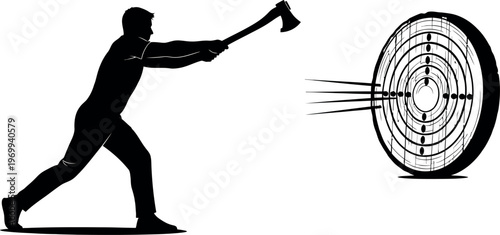 Silhouette of a man throwing an axe at a target silhouette