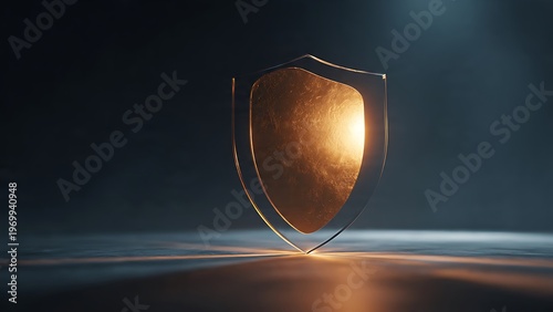 Metallic shield reflecting light on a dark surface, symbolizing protection and security