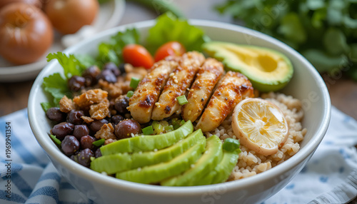 A healthy bowl of food with grilled chicken, avocado, and brown rice on a table
