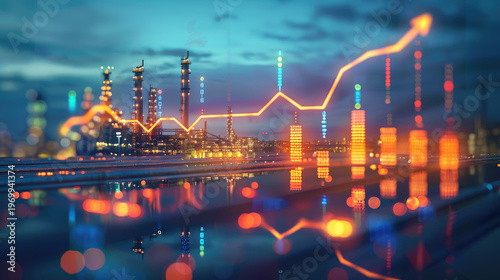 Oil price graph of the energy market showing rising energy shortage crisis the effect from middle east conflict with petrochemical refinery towers background.	