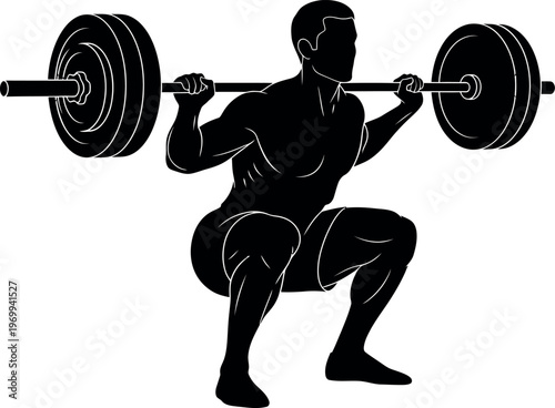 Silhouette of a person doing a weighted squat with a barbell