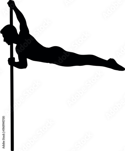 Silhouette of a person performing pole dance aerial acrobatics with a silhouette