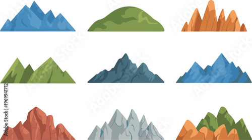 Mountain landscape vector set, colorful nature peaks illustration for travel adventure outdoor design collection