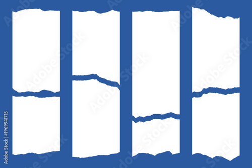 Set of four vertical white torn paper strips with jagged edges on blue background. Vector illustration of blank cash register receipts. Collage design template.
