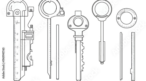 Schematic drawings of various keys and measuring tools, highlighting their internal structures