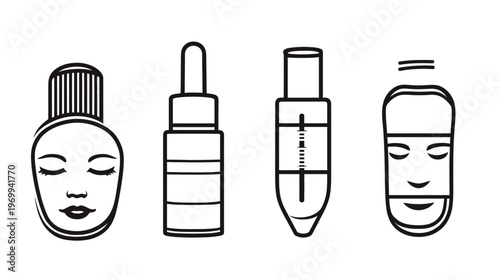 A black and white line art illustration showing four beauty or skincare product bottles and face designs