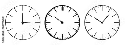 Clock face set with clean line art design featuring analog clocks, time zones, timekeeping with white background and vector illustration