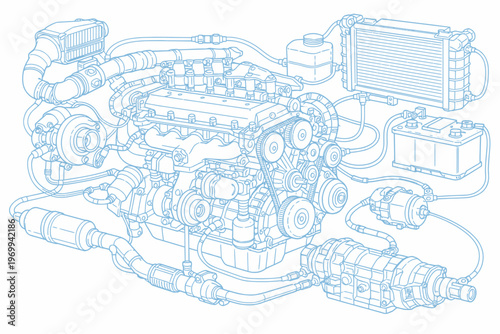 Detailed Blueprint Illustration of a Modern Car Engine System