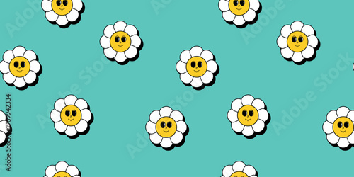 Seamless pattern featuring cute daisy flowers with smiling cartoon faces on a teal background
