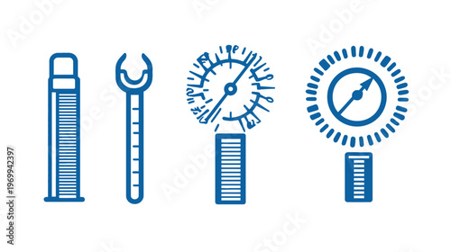 Collection of blue line art icons of tools and gauges on white background. Illustration