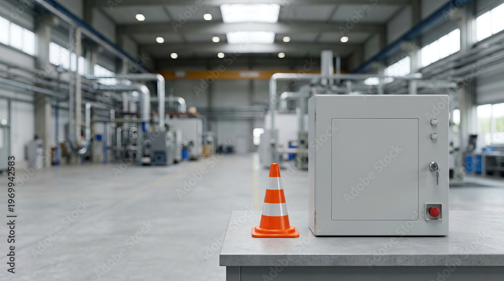 Obraz premium Modern industrial factory interior features an electrical control cabinet table, with an orange safety cone. large, clean space suggests efficient manufacturing processes and secure working