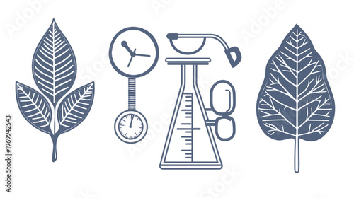 Stylized image of leaves, a gauge, and scientific equipment, all in shades of blue