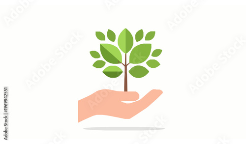Eco hand holding tree with leaves recycling growth concept vector illustration isolated on white