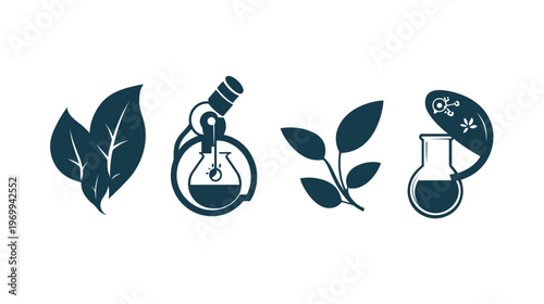 Icons featuring leaves, beakers, and scientific equipment in a modern flat design style