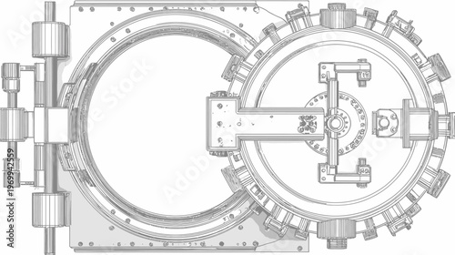 A detailed, overhead illustration of a large open bank vault door with intricate locking mechanisms