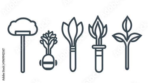 Stylized line art illustrations featuring a series of plants, flowers, and natural elements