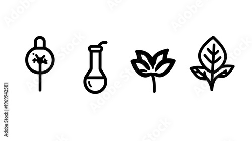 Set of four stylized botanical and laboratory icons. Illustrated in bold black on a white background
