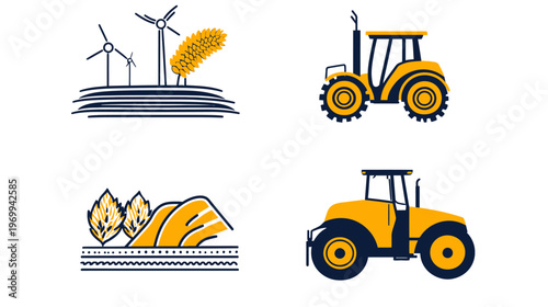 A collection of illustrations depicting agriculture elements, including windmills, tractors, and landscapes