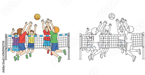 Vector illustration of cute children playing volleyball jumping at the net. Color and black and white line art set for kids coloring page.