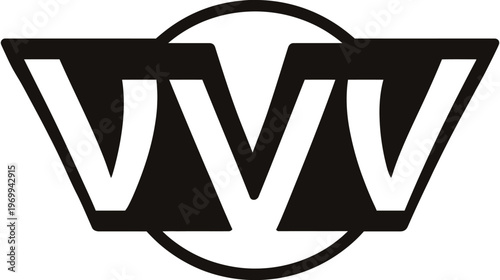 Bold emblem features three stylized 'V' shapes in a striking monochrome design