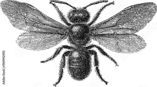 Detailed illustration of an insect, showing wings, body segments, antennae, legs, in black and white