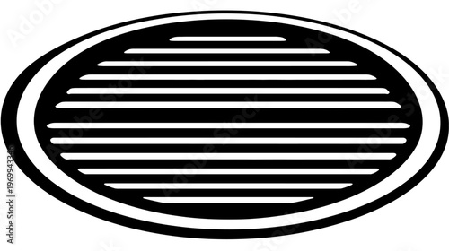 A grayscale oval graphic featuring a series of horizontal lines inside a thicker outline
