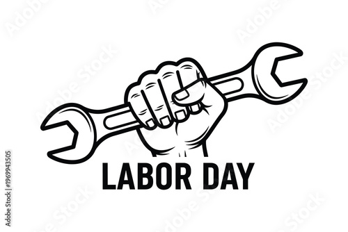Illustration of a fist holding a wrench, symbolizing labor day with a strong, empowering mood and industrial theme.