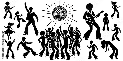 1970s Disco dance party silhouettes set. People dancing in retro clothes, bell-bottoms and platform shoes. Disco ball and guitarists icons.